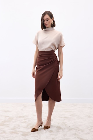 Sateen Düğme Detaylı Kalem Etek - Kahve-136775 Kahve
