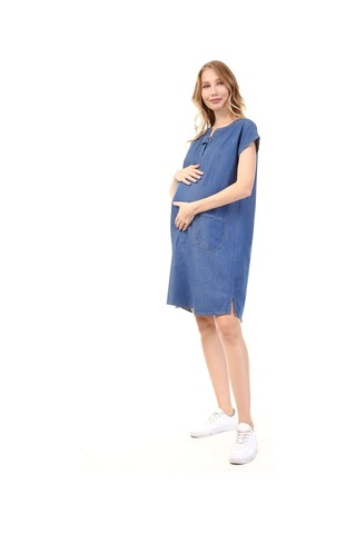 Luvmabelly Myra5020 - Hamile Elbisesi Kot V Yaka - Mavi-mavi