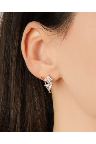 Kadın Kararmaz Çelik Lüks Takı Üçgen Zirkon Taşlı Yonca Küpe Altın