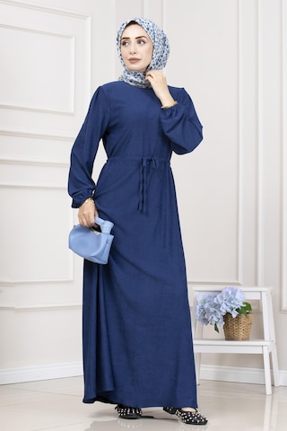 Sevitli Beli Tünelli Fitilli Aslı Elbise-saks Mavi-5465 Saks Mavi