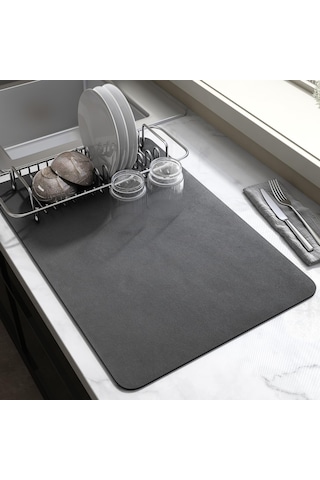 Fosenze Kahve Fincanı Tabak Altlığı - Süper Emici Pu Yüzeyli Mutfak Tezgahı Matı - Kaymazsız Lastik Tabanlı - Siyah Gri - 30,5x48,3 Cm