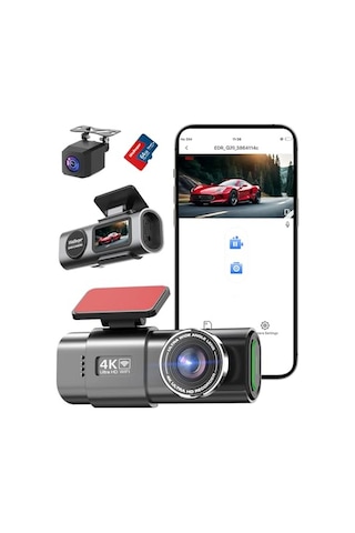 Wifi Dashcam Araç Ön Arka, 4k+1080p, Araç Kamerası, 64g Sd Kartlı Uygulama Kontrolü Araç Kamerası, 170 +140