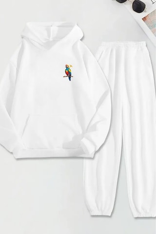 Beyaz Eşofman Takımı Renkli Papağan Baskılı, Kapüşonlu Sweatshirt Ve Jogger Pantolon Beyaz