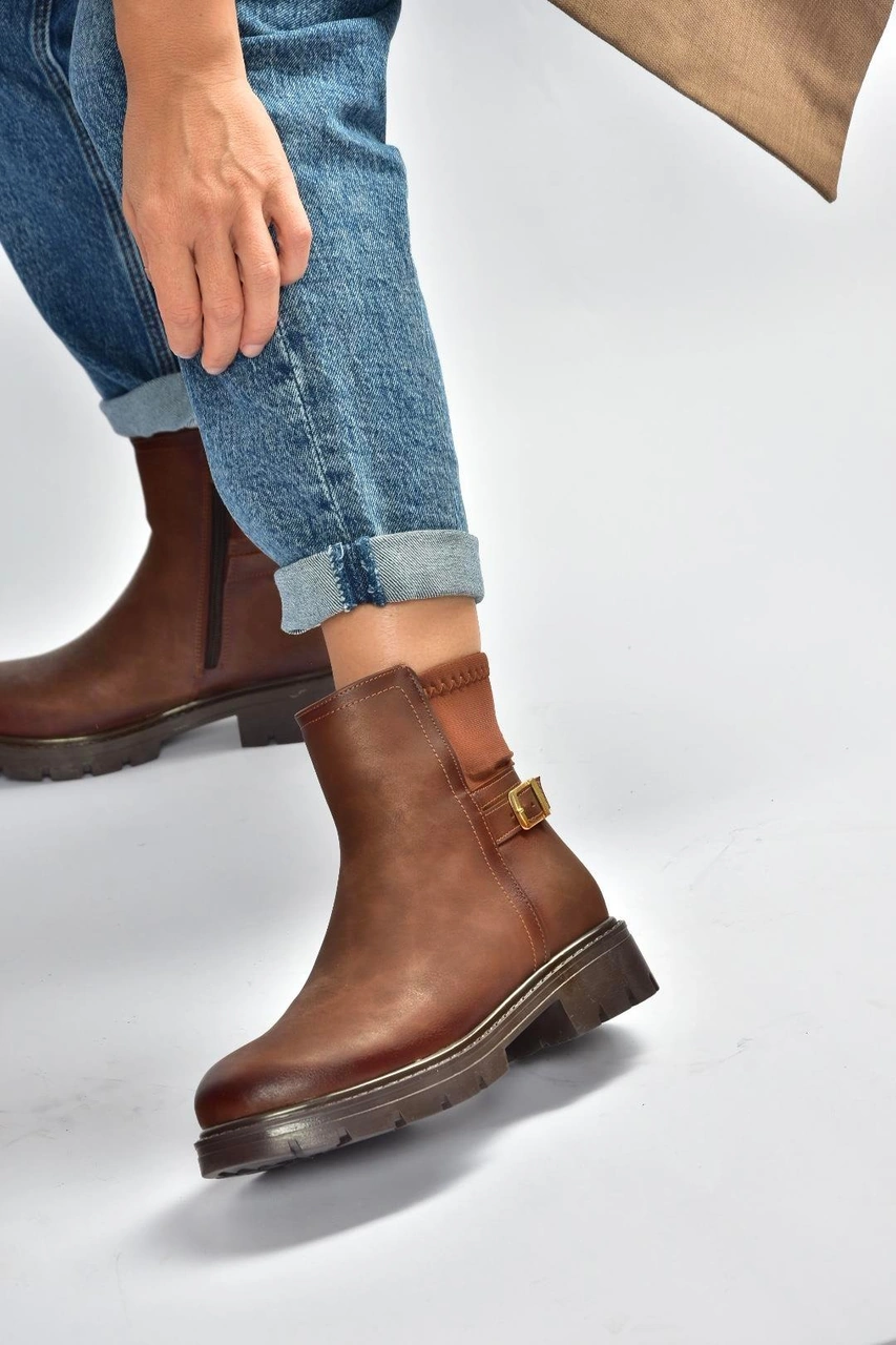 Fox Shoes V674420409 Taba Kalın Tabanlı İçi Tüylü Kadın Bot Taba-Suni Deri