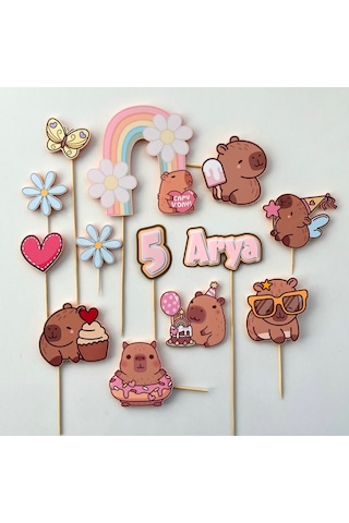 Kapibara Capybara Temalı Kız Çocuk Doğum Günü İsme Özel 3d Çubuklu Pasta Süsü Seti Çocuk
