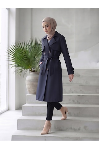 B.he.z Kruvaze Yaka Bondik Su İtici Kumaş Astarlı Trend Model Diz Altı Trençkot Lacivert