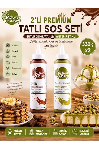 Melwiss Chocolate 2 Li Premium Sos Seti Sütlü Çikolata Ve Antep Fıstıklı 330 Gr X 2
