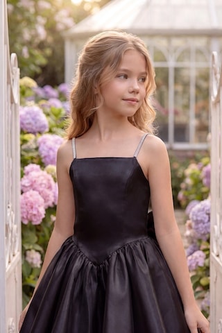 Butik Happy Kids Kız Çocuk Abiye Siyah Monoray Parlak Kumaş Taş Askılı Fiyonklu Kalarık Prenses Abiye Elbise 9-12 Yaş Mezuniyet Düğün Davet Elbisesi