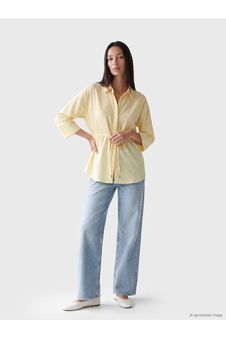 Lcw Everyday Sarı Çizgili Oversize Armürlü Kadın Gömlek