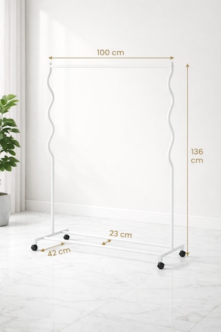 Modern Lüks Desenli Metal Tekerlekli Konfeksiyon Askılığı Kıyafet Askısı Stand Beyaz