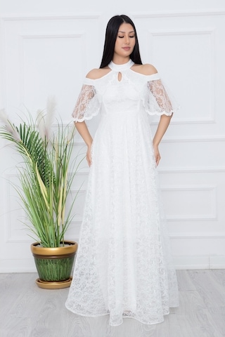 Kalopya Omuz Detay Uzun Dantel Abiye Elbise 13328 Ekru