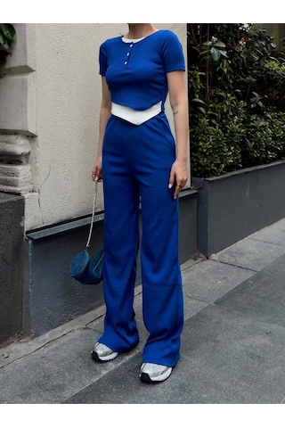 Düğme Yakalı Saks Alt Üst Takım S3943 Saks