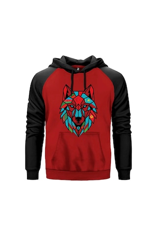 Gri Renk Geometrik Low Poly Bozkurt Başı Baskılı Renkli Reglan Kol Sweatshirt Kapşonlu
