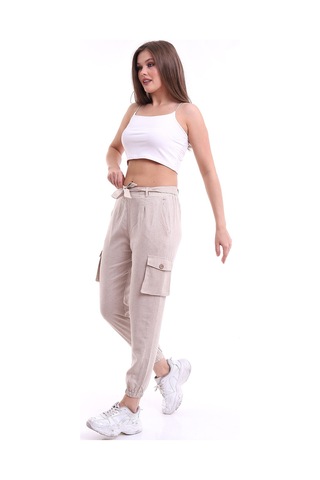 Winmoda34 Keten Pantolon Kargo Cepli Lastik Paça Taş Rengi Taş