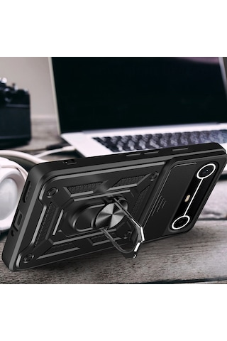Tecno Spark Slim 5g Kılıf Sürgülü Tank Zırh Yüzüklü Mıknatıslı Standlı Kapak S-vega Siyah