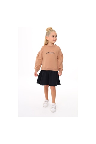 Toontoy Kız Çocuk Baskılı Relax Fit Bisiklet Yaka Uzun Kollu Elbise - Renk Bloklu - Tk24346 Kahverengi