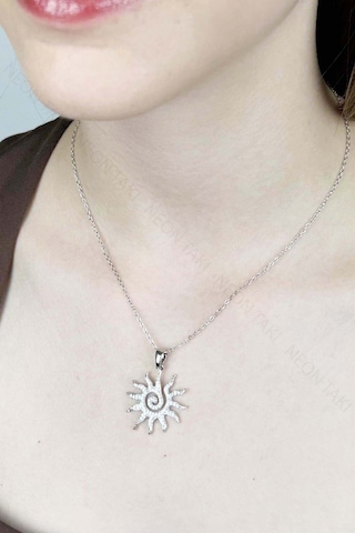 Zirkon Taşlı, Güneş Figürlü Paslanmaz Çelik Kolye 414, Gümüş Renk Gümüş