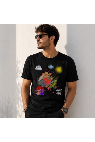 Gün Batımı Manzaralı Özel Tasarım Pamuklu Baskılı T-shirt Beyaz - Siyah