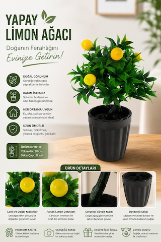 Dekoratif Saksılı Yapay Limon Ağacı - Yeşil Yapraklı Balkon Salon Mutfak Ofis Dekor Çiçeği Sarı