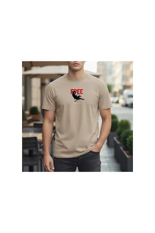 Urbantrendstore Unisex Özgür Kuş Free Birds Yazlık Tshirt Oversize Fit Rahat Geniş Salaş T-shirt Günlük Tişört Bej