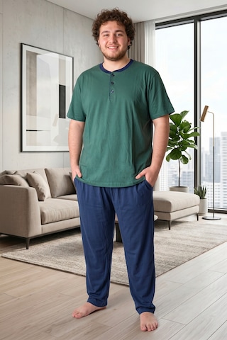 Bravie Erkek Yakası Düğmeli Altı Uzun Kısa Kollu Pamuklu Büyük Beden Yazlık Pijama Takımı Yeşil Yeşill