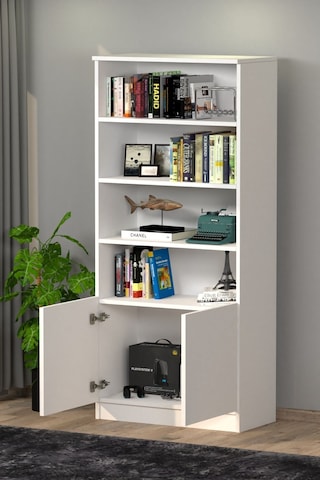 2 Kapaklı Dolaplı 4 Raflı Kitaplık Beyaz Siyah