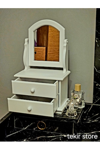Ahşap Hareketli Aynalı Beyaz Lake Takı Ve Makyaj Organizeri