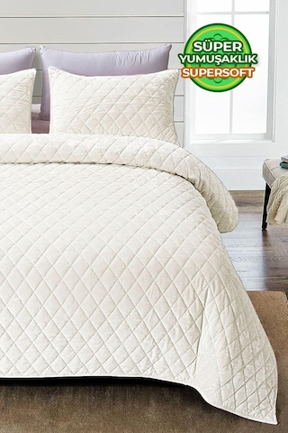 Evlen Home Kapitone Kadife Yatak Örtüsü Seti Tek Kişilik Supersoft 2 Parça Yumuşak Elyaf Dolgulu Krem Krem