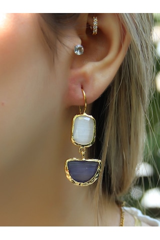 İkili Model Kedigözü Cam Sallantılı Kadın Küpe Euku26l Lacivert