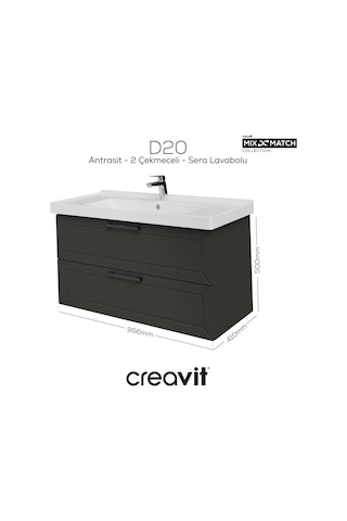 Creavit D20 100 Cm İki Çekmeceli Lavabo Dolabı Antrasit Lake Antrasit