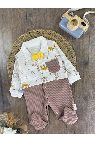Bebicix Kaşkorse Esnek Papyonlu Animal Figürlü Patikli Çıtçıtlı Erkek Bebek Tulum Sütlü Kahve