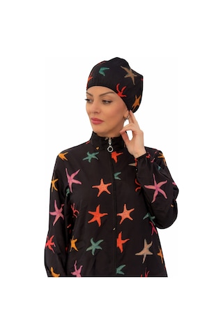 Wellway Beli Bağcıklı Fermuarlı Dijital Baskılı Tesettür Mayo- Bone Hediyeli-pembe Pembe