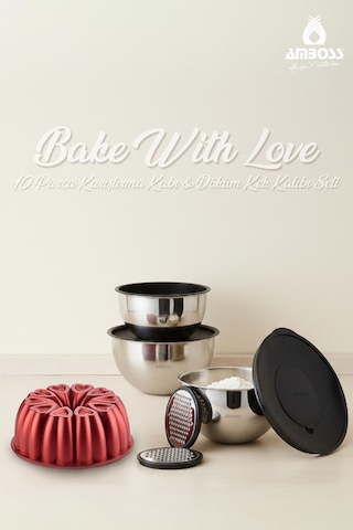 Bake With Love 10 Parça Karıştırma Kabı & Döküm Kek Kalıbı - Kırmızı Kırmızı