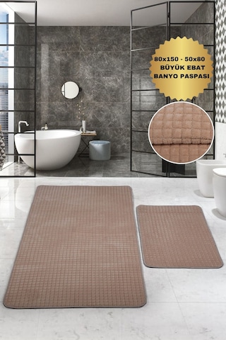 Kare Plus Vizon Büyük Ebat 80x150 + 50x80 Cm 2'li Banyo Paspası Yıkanabilir Klozet Takımı Vizon