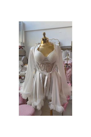 Mh Moony Homewears Beyaz Saten Sabahlık Destekli Tulum Beyaz