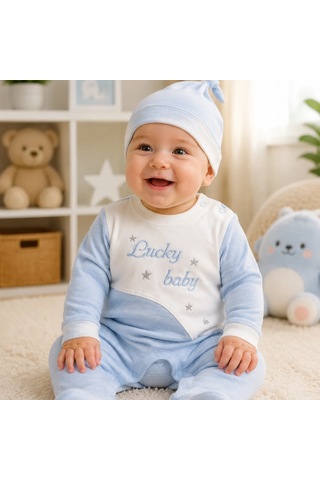 Candar Lucky Baby Nakışlı Çizgili Şapkalı Erkek Bebek Tulumu 0-3 / 3-6 Ay Mavi
