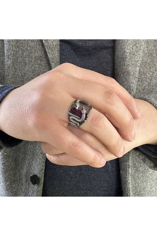 925 Ayar Gümüş Yılan Tasarım Ametist Taşlı Erkek Yüzük Gümüş
