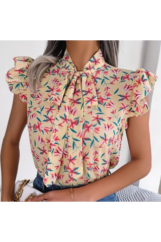 Gmxıa Kadın Modası Rahat Yaz Çiçek Desenli Kolsuz V Yaka Bluzlar Ve Ahşap Kulak Kenarlı Fiyonklu Şifon Gömlekler Kayısı Açık Bej