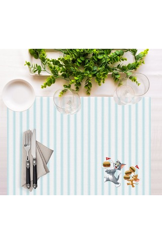 Adawall Home Tom And Jerry Striped Kumaş Amerikan Servis 4'lü Set Beyaz - Mavi
