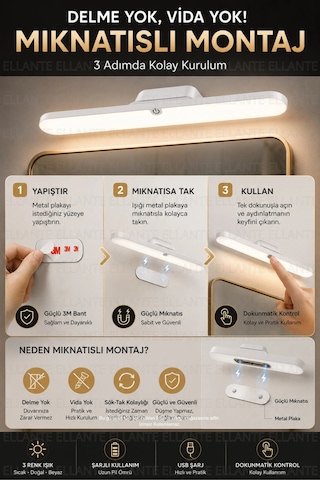 Şarjlı Mıknatıslı Led Ayna Işığı 30 Cm 3 Renk Işık Modu, Dokunmatik Kontrol, Usb Type-c Şarjlı Ban