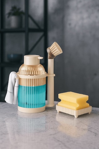 4 Parça Mutfak & Banyo Beyaz Temizlik Seti Sıvı Sabunluk, Fırça, Havluluk & Süngerlik Beyaz