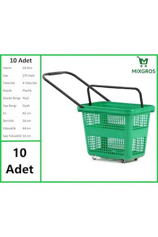 Tekerlekli Plastik Market Alışveriş El Sepeti 54 Litre Yeşil 10 Adet