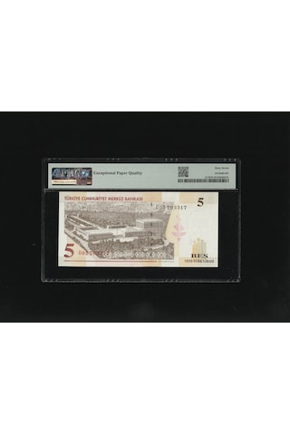 Beş Yeni Türk Lirası 5 Ytl P217 2005 Pmg 67 Epq Superb Gem Unc S/n G05 703317 8.ems 1.t