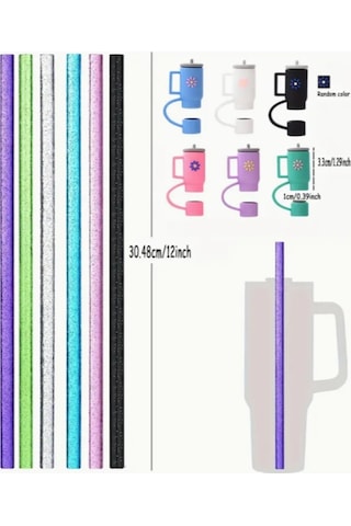1 Adet Stanl. 40 Oz Tumb. Termos Için Parıltılı Pipet Ve Pipet Kapağı Tıpası, 30,5cm Boy/10mm Çap Yeşil