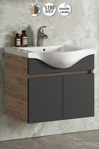 65 Cm Atlantik Çam-Antrasit Gri Mat Mdf Lavabolu Banyo Alt Dolabı Antrasit - Atlantik Çam