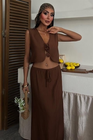 Yelek Önden Bağlamalı Uzun Etekli Takım 10192 Kahverengi