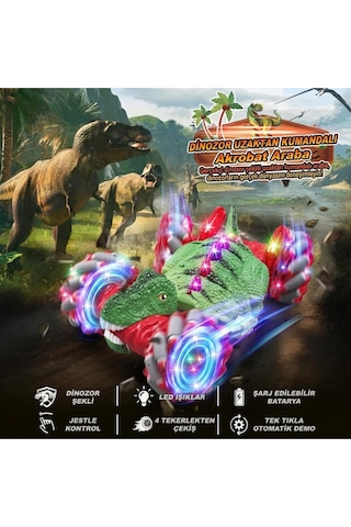 Uzaktan Kumandalı Dinozor Araba Jest Sensörlü Işıklı Müzikli 4x4 Akrobasi Arabası Şarjlı Oyuncak Yeşil Kırmızı
