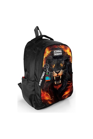 Coral High Kids Siyah Aslan Desenli Üç Bölmeli Okul Sırt Çantası 23671 Siyah