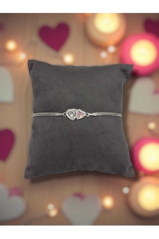 925 Ayar Gümüş Pembe Beyaz Taşlı Çift Kalp Bileklik Romantik Hediye Seçeneği Gümüş