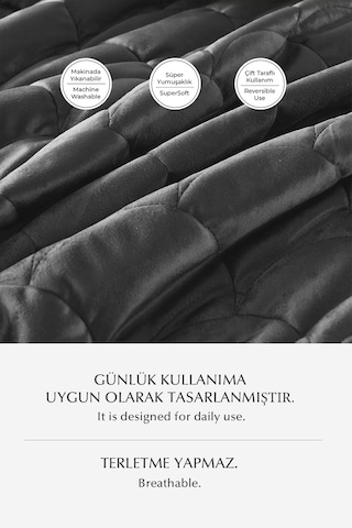 Kapitone Kadife Yatak Örtüsü Seti Çift Kişilik Supersoft 3 Parça Yumuşak Elyaf Dolgulu Antrasit Antrasit